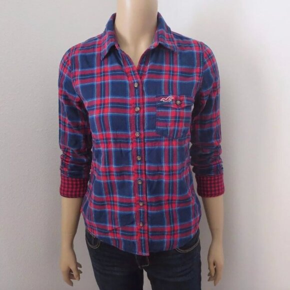 Hollister Womens Plaid Shirt Size XS Top Button Down Blouse Blue & Red - Picture 1 of 4